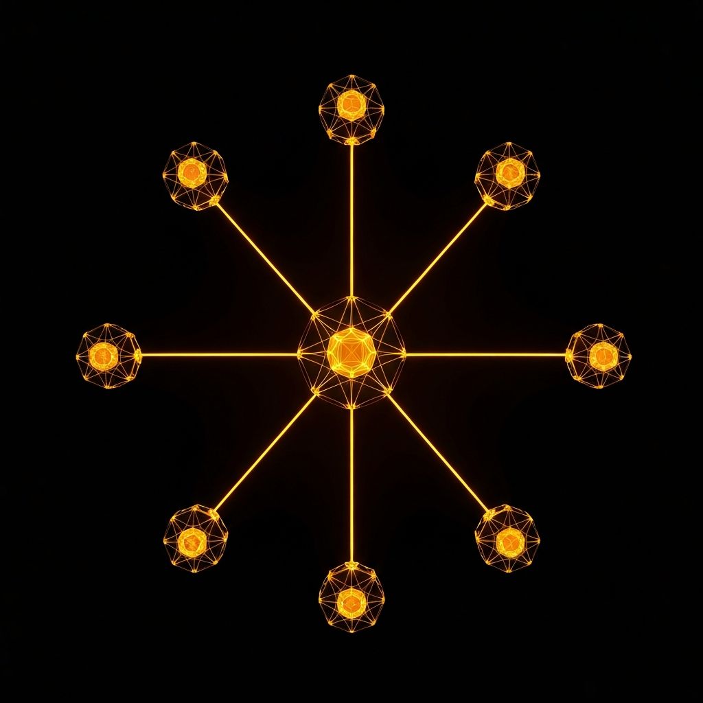Momentum ecosystem — connected amber nodes orbiting the MNTM core
